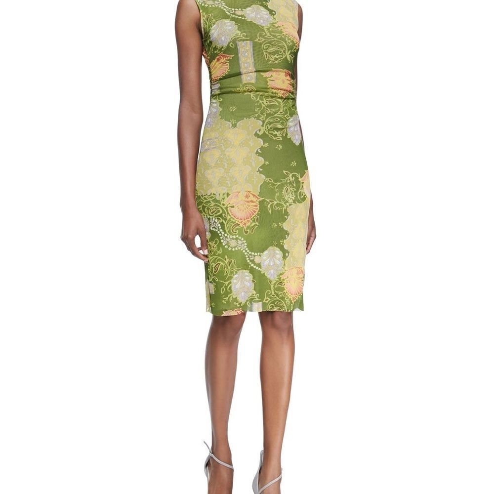Unger Green Print Mesh Ruched Waist Dress Sz S